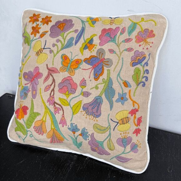 Colorful Hand-Embroidered Butterfly Floral Throw Pillow 16"x16" Boho Decor - Picture 1 of 10